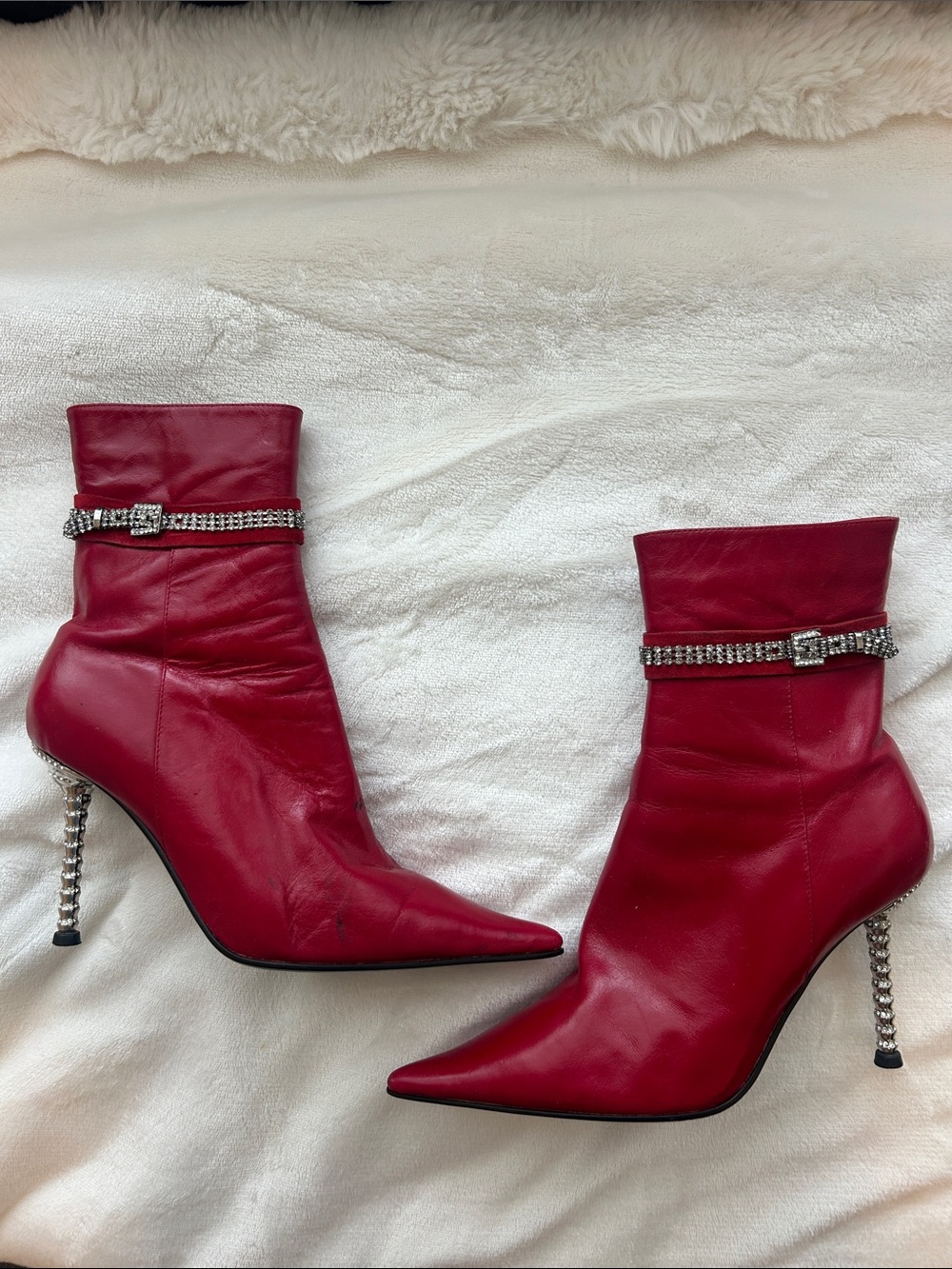 Alida Red Leather Pointed Ankle Boots with Crystal-Embellished Heel